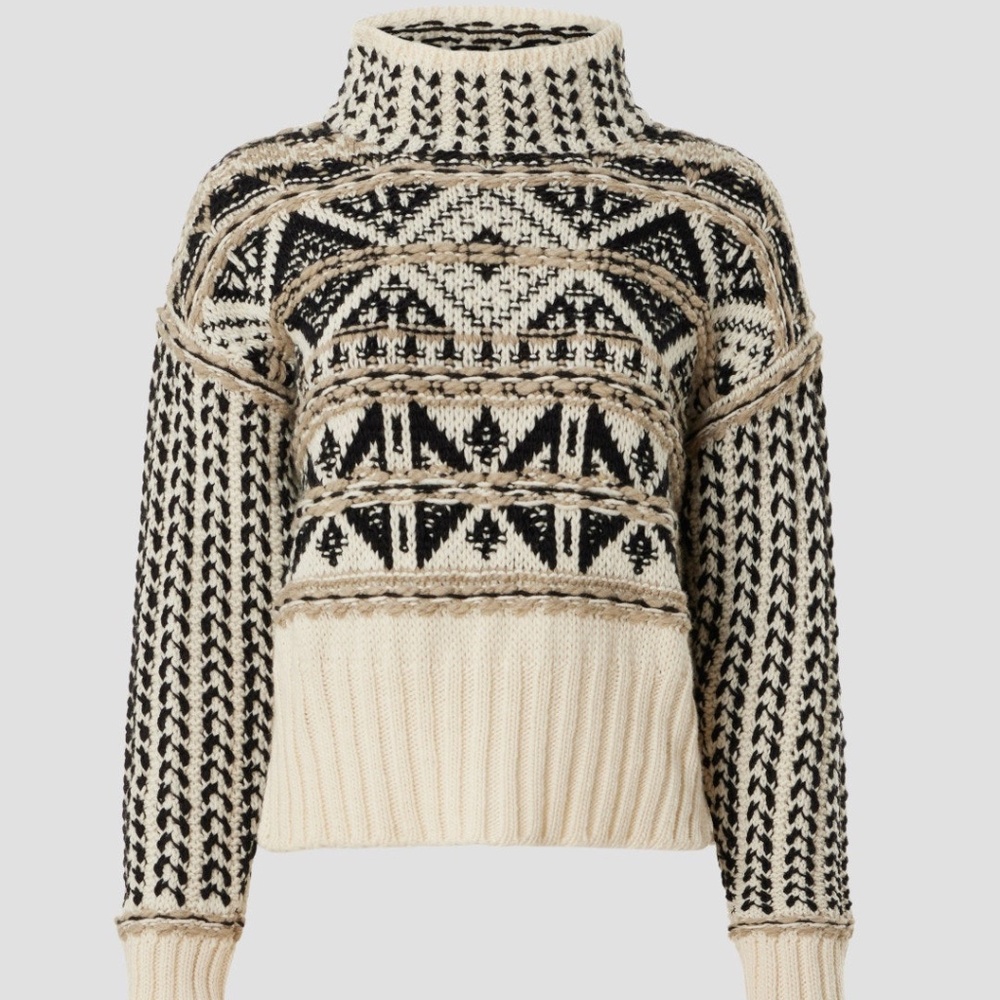 Splendid Vail Apres-ski Fair Isle Sweater in Black, White and Taupe, XL
